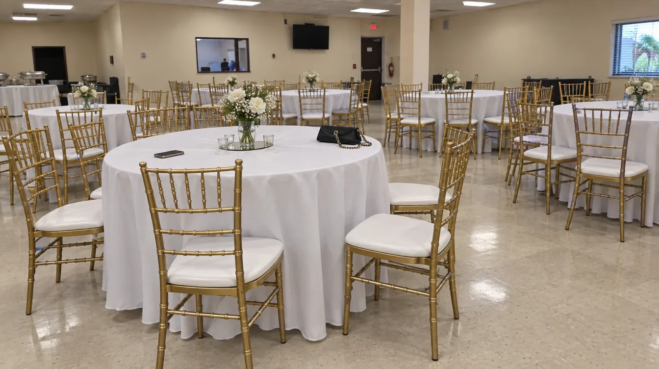 Sillas Chiavari doradas con cojines blancos alrededor de mesas redondas para una quinceañera en Miami