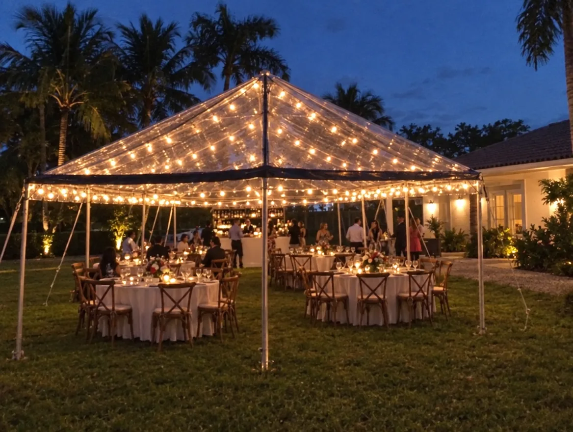 Wood crossback chairs around round tables under a clear tent with string lights in a Miami backyard