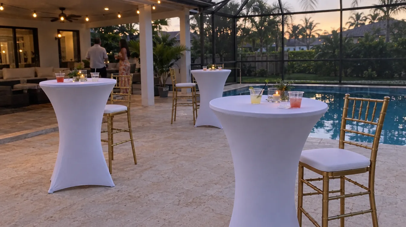 Spandex-covered cocktail tables and gold Chiavari barstools at a backyard cocktail hour in Miami