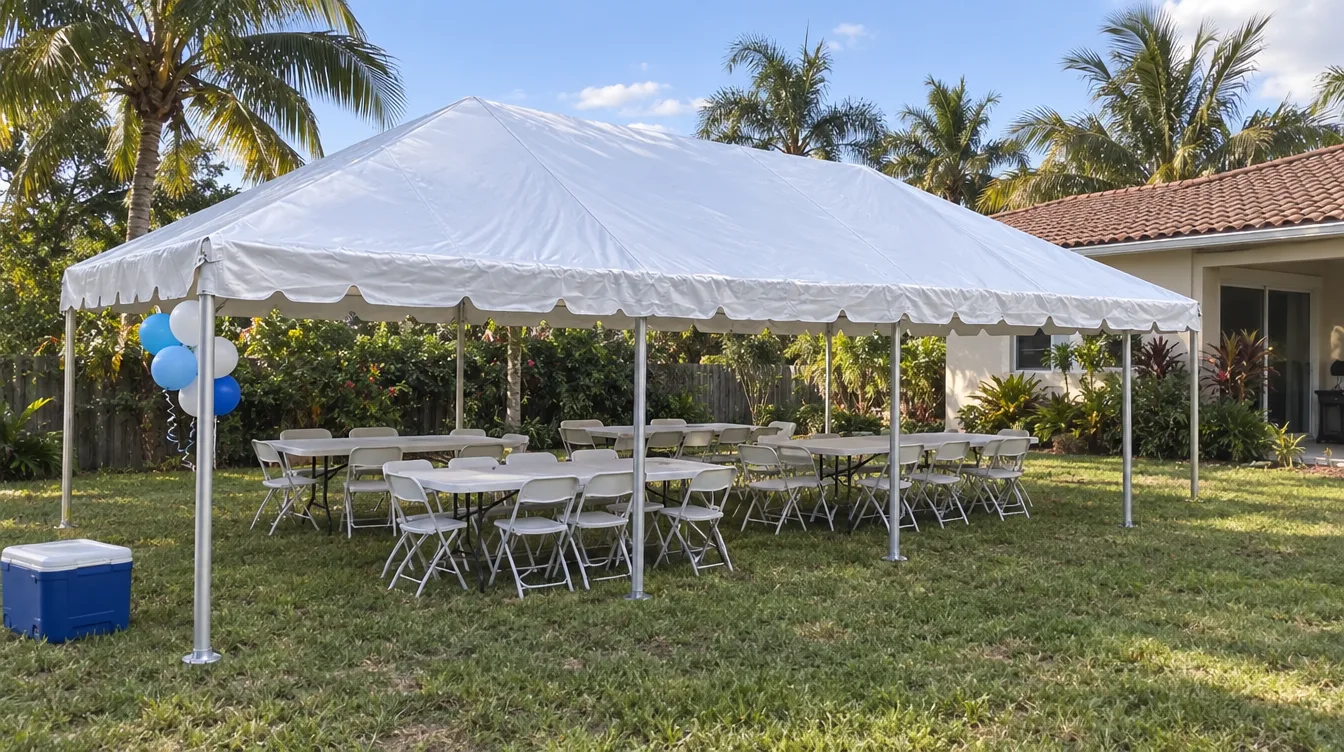 Tables and chairs set under a white frame tent in a Miami backyard
